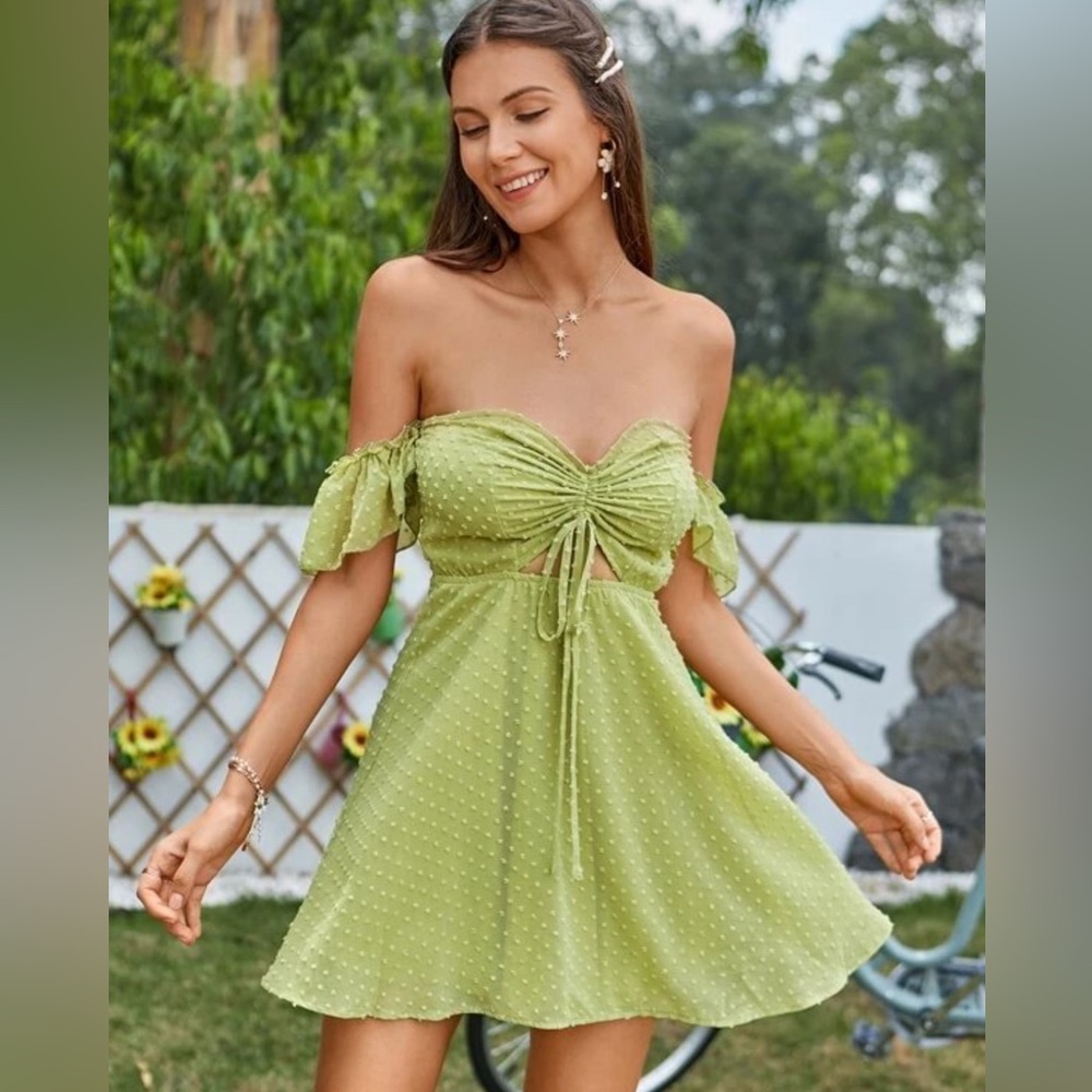 NWT size S Area Stars Off the Shoulder Ruffle Dot Mini Dress